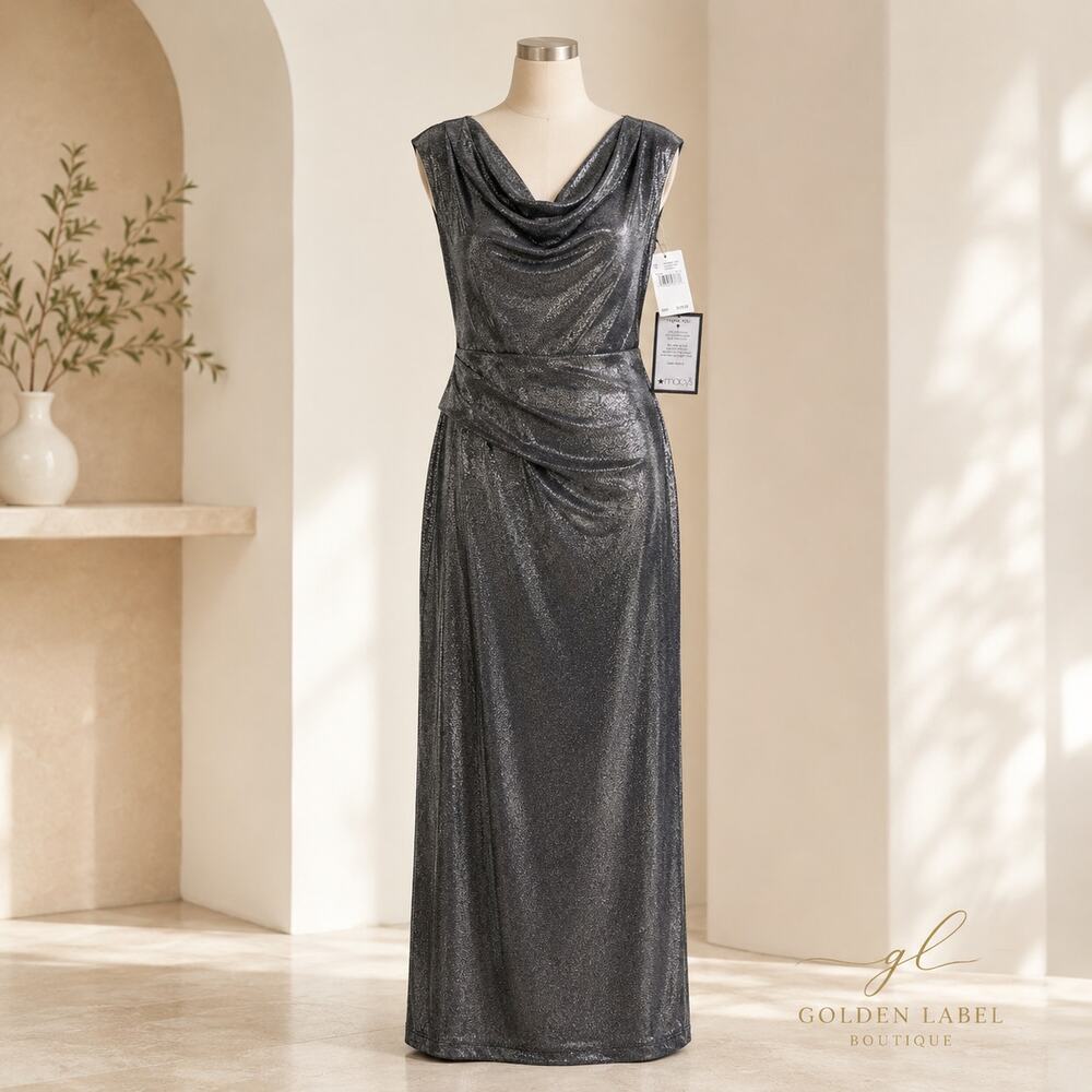 Connected Apparel Size 10 Silver Metallic Cowl Neck Maxi Dress NWT - Picture 1 of 10